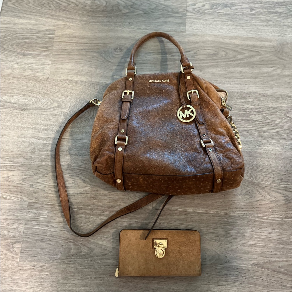 Michael Kors brown ostritch embossed leather tote and matching wallet